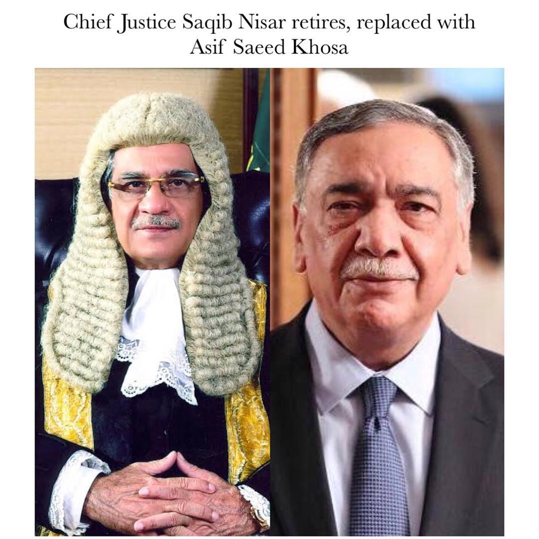 ShowbizAndNewz's tweet image. Chief Justice #SaqibNisar retired today and is replaced by #AsifSaeedKhosa who will be serving as Pakistani’s 26th Chief Justice #SymbolOfJustice