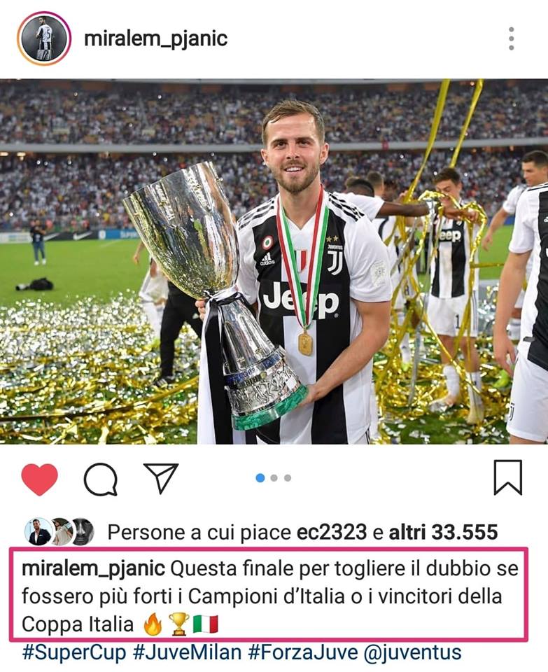 🇮🇹 #PJANIC su "#Instagram": "Tolto il dubbio se sono più forti i #campionidItalia o #vincitori della #CoppaItalia" ➡️ http://bit.ly/2RV5oYm
🇬🇧 #MiralemPjanic takes swipe at #Milan ➡️ http://bit.ly/2FDmB1I
#JuveMilan #SupercoppaItaliana #JuveSupercampioneDItalia #Juventus