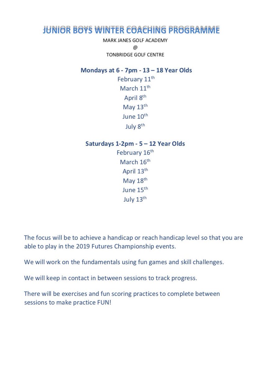 Kent_Golf_'s tweet photo. Kent Golf have more Junior Coaching Sessions starting‼️

Zachery Marsh at Tonbridge Golf Centre will be running the sessions for ages 5-18!

‼️ 6 Sessions for just £25‼️

To sign up please contact sue@kentgolf.org and return the below entry form

https://t.co/oxUxtOZnlY https://t.co/ifExtcTw7y