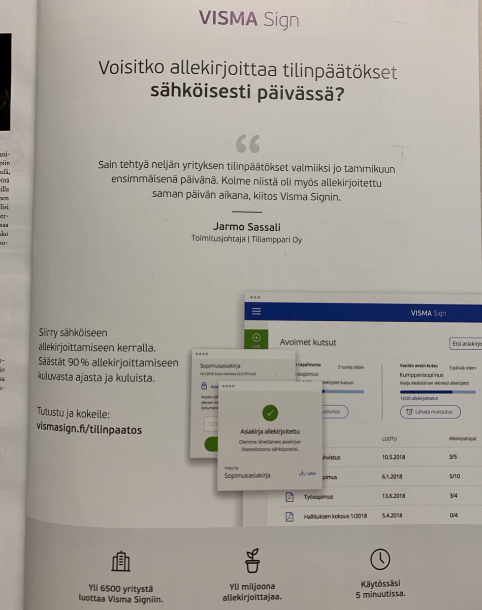 jarmosassali's tweet photo. EnsimmÀinen kosketus palveluun oli kun @harrikoponen heitti mapin esityksessÀÀn ja sanoi, ettÀ nyt tÀmÀ viimeinenkin mappi voidaan digitalisoida. SiitÀ asti olen ollut palvelun uskollinen kÀyttÀjÀ. HyvÀÀ on ilo kehua ja suositella, kiitos #vismasign #Tilisanomat 1/2019 https://t.co/nsaMdQfzHa