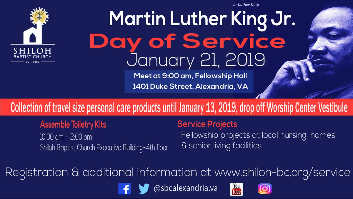SBCAlexVA's tweet photo. Martin Luther King Jr. Day of Service is not just another holiday. It is a day on, not a day off. Volunteer with us as we sort toiletries for the homeless, provide engaging programming for various rehabilitation and healthcare facilities. #MLKDay #SBCVALive https://t.co/N8nd7B0zmd