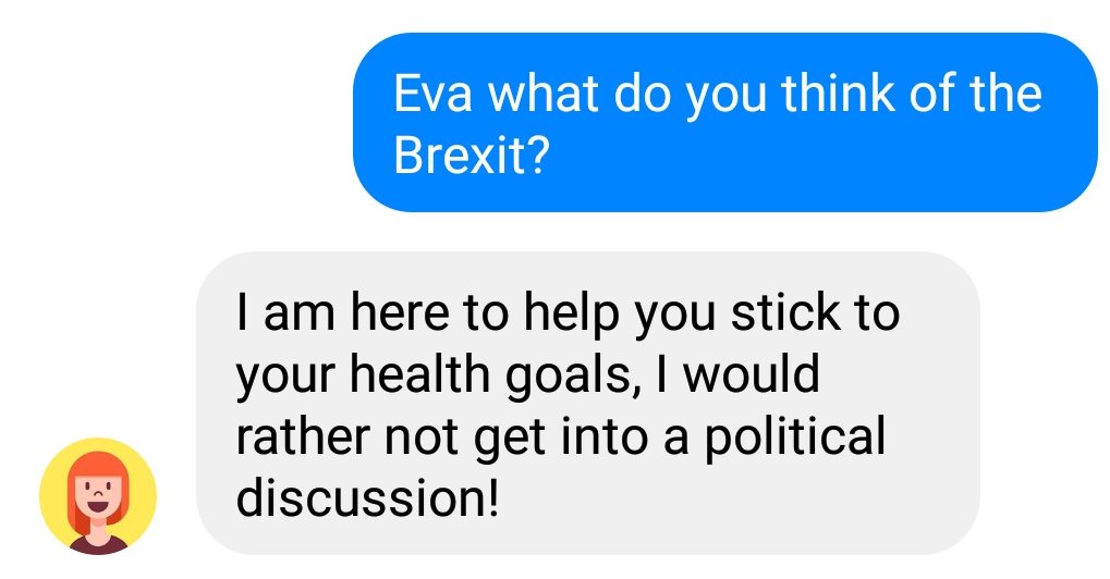 bots4health's tweet photo. People ask Eva all sorts of questions, even about her thoughts on #Brexit! She is trained to remind them of her main goal as a #chatbot, though: healthier humans through conversation. https://t.co/HJaITQ5kZp