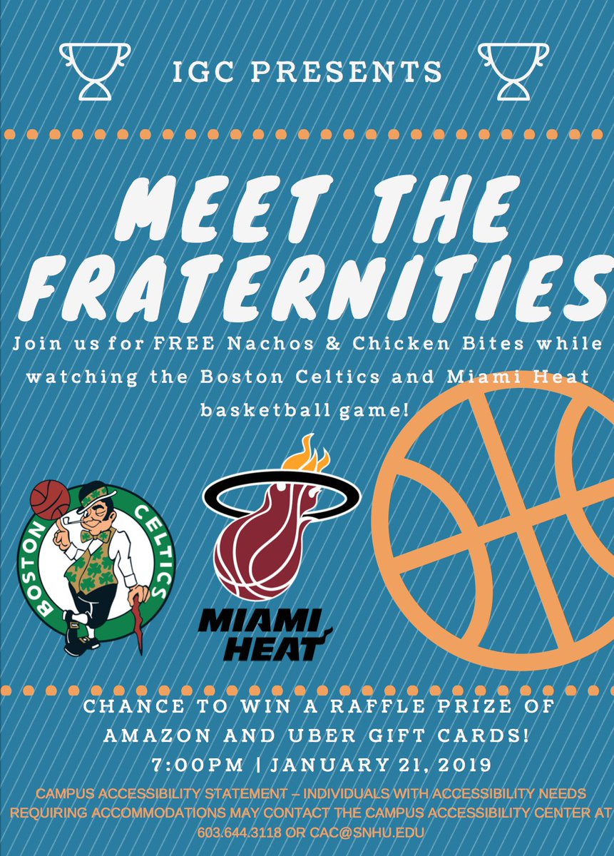 SNHUIGC's tweet photo. Don't forget! Next Monday - come out to watch the Celtics and Miami Heat game while enjoying FREE food at Meet the Fraternities - 7:00pm in The Last Chapter Pub! Attend for a chance to win a raffle prize of Amazon or Uber! #involvedforlife https://t.co/xDe6bgXzzY