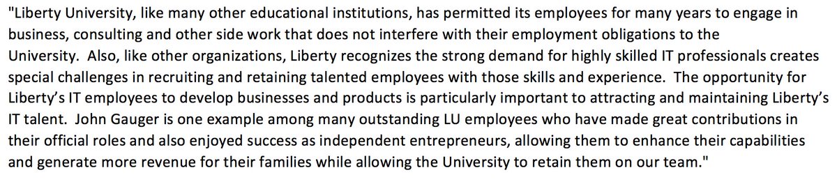 New statement from Liberty University, where John Gauger is an employee, in light of the new WSJ Michael Cohen/poll rigging story. School says Gauger is an “outstanding” employee >>