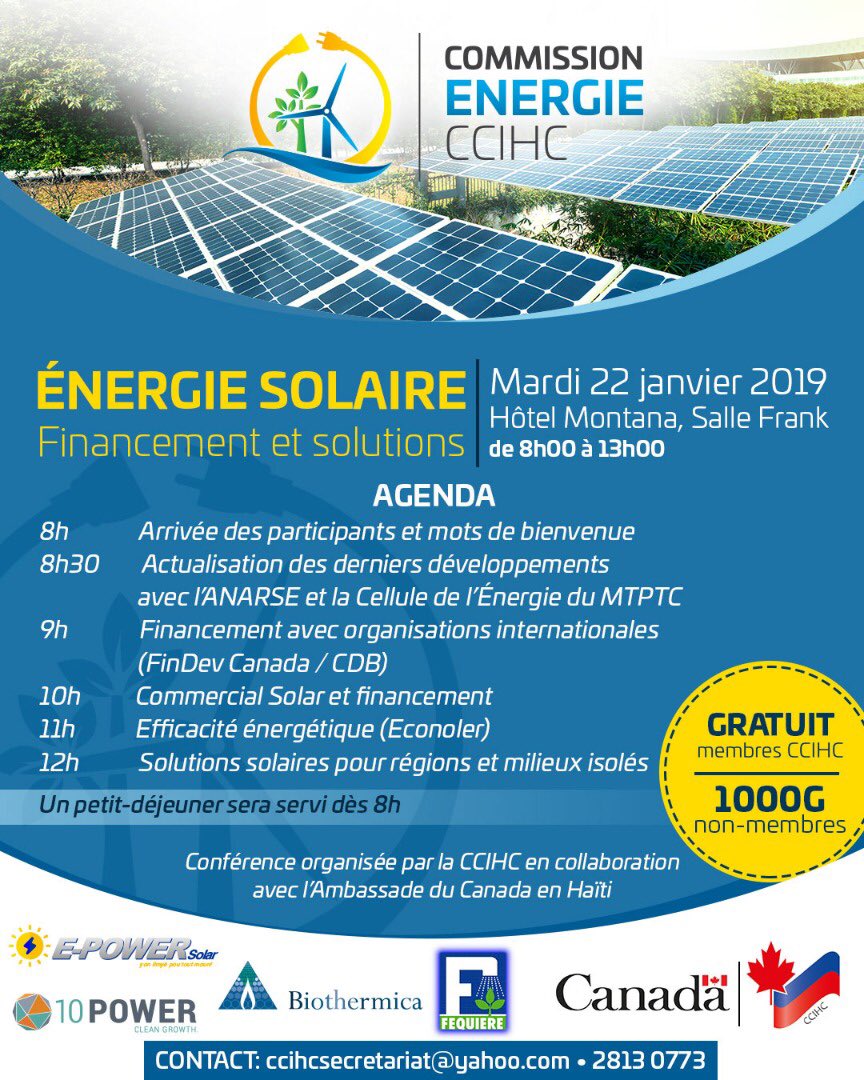 CCIHC1's tweet photo. Joignez-vous à nous ce 22 janvier à cette conférence ayant pour thème Energie Solaire : Financement et Solutions. #CCIHC #Haiti #Canada https://t.co/j5WPs45Zvu