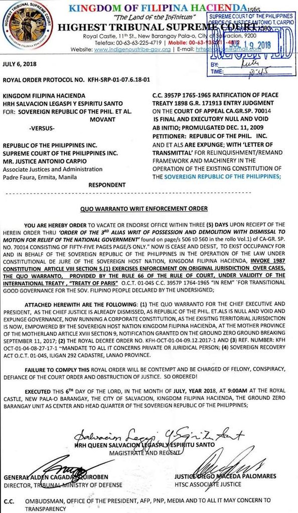 shirimig's tweet photo. Royal Order Protocol https://t.co/OCg6WPTaLv-SRP-01-07,6.18-01

Kingdom Filipina Hacienda
HrH Salvacion Legaspi 
Sovereign Republic ET AL 

vs

Republic of the Philippines INC. 
Supreme Court of the Philippines INC.
Mr. Justice Antonio Carpio Associate Justices And administration https://t.co/oIkV5Ud27U