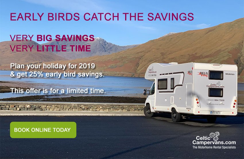 Don't miss out on our fantastic Early Bird Offer for January &amp; book your campervan holiday now. Dates are filling up folks so get your dates secured now and save 25%. Book now on celticcampervans.com #family #holidays #campervan #motorhome #WildAtlanticWay <a href="/Camping_Ireland/">Camping Ireland</a>