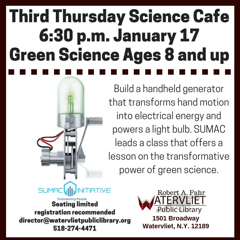 WTVLTPubLibrary's tweet image. There&apos;s still room in our Science Cafe program at the library this evening. #techliteracy