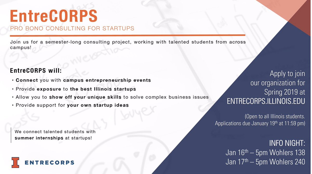 EntreCORPS_'s tweet photo. Our last info night is tonight in Wohlers 240 from 5-6pm! Dress code is smart casual. 

EntreCORPS helps connect students w/ entrepreneurs and entrepreneurship events! We also connect all of our students w/ exclusive internship opportunities! 

Apply now @ https://t.co/NmXpkUgbca https://t.co/J1PvmT2tqT