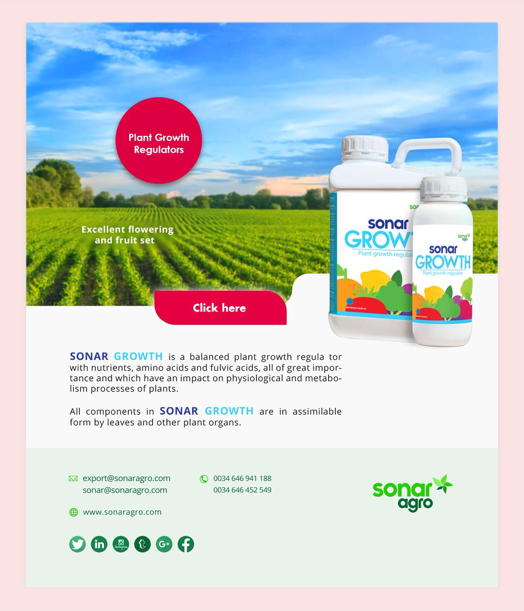 SONAR GROWTH is a balanced plant growth regulator with nutrients, amino acids and fulvic acids, all of great importance and which have an impact on physiological and metabolism processes of plants.

sonaragro.com/en_pgr.html#so…