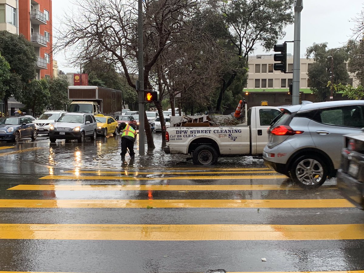 MySFPUC's tweet photo. We really are not kidding around when we talk about how important it is to keep the storm drains clear of any trash and debris. 
Thank you to all the City crews that are unclogging storm drain this morning. 
https://t.co/a6w0v80JTd https://t.co/G4gDApkrCa