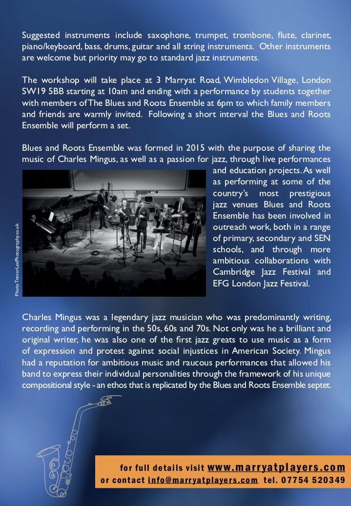 Blues&RootsEnsemble (@bluesrootsband) on Twitter photo More details of our #Easter #jazzworkshop <a href="/MarryatPlayers/">Marryat Players</a> residence. Opportunity for musicians aged 12+ to spend the day learning about jazz and performing #Mingus music alongside members of <a href="/BluesRootsBand/">Blues&RootsEnsemble</a>. Places are limited so encourage pupils to sign up soon!
#musiced #jazz More details of our #Easter #jazzworkshop <a href="/MarryatPlayers/">Marryat Players</a> residence. Opportunity for musicians aged 12+ to spend the day learning about jazz and performing #Mingus music alongside members of <a href="/BluesRootsBand/">Blues&RootsEnsemble</a>. Places are limited so encourage pupils to sign up soon!
#musiced #jazz