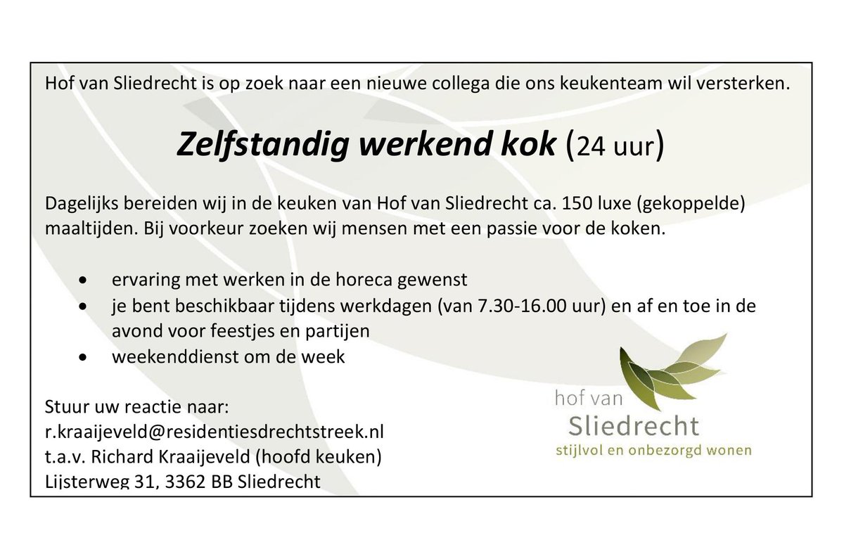 Een fijne oude dag: daar hoort goed en lekker eten bij. Liefdevol bereid. Ons keukenteam zet zich elke dag op gepassioneerde wijze in voor onze huurders. Wil je hier ook deel van uitmaken en kun je als kok zelfstandig uit de voeten reageer dan op onderstaande vacature!