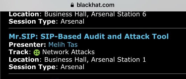 Good News! Mr. SIP: SIP-Based Audit and Attack Tool is accepted to #BlackHat #Arsenal Asia 2019. I will present in Singapore on March 28. #BHASIA @BlackHatEvents @BlackHatAsia @toolswatch For details: blackhat.com/asia-19/arsena…