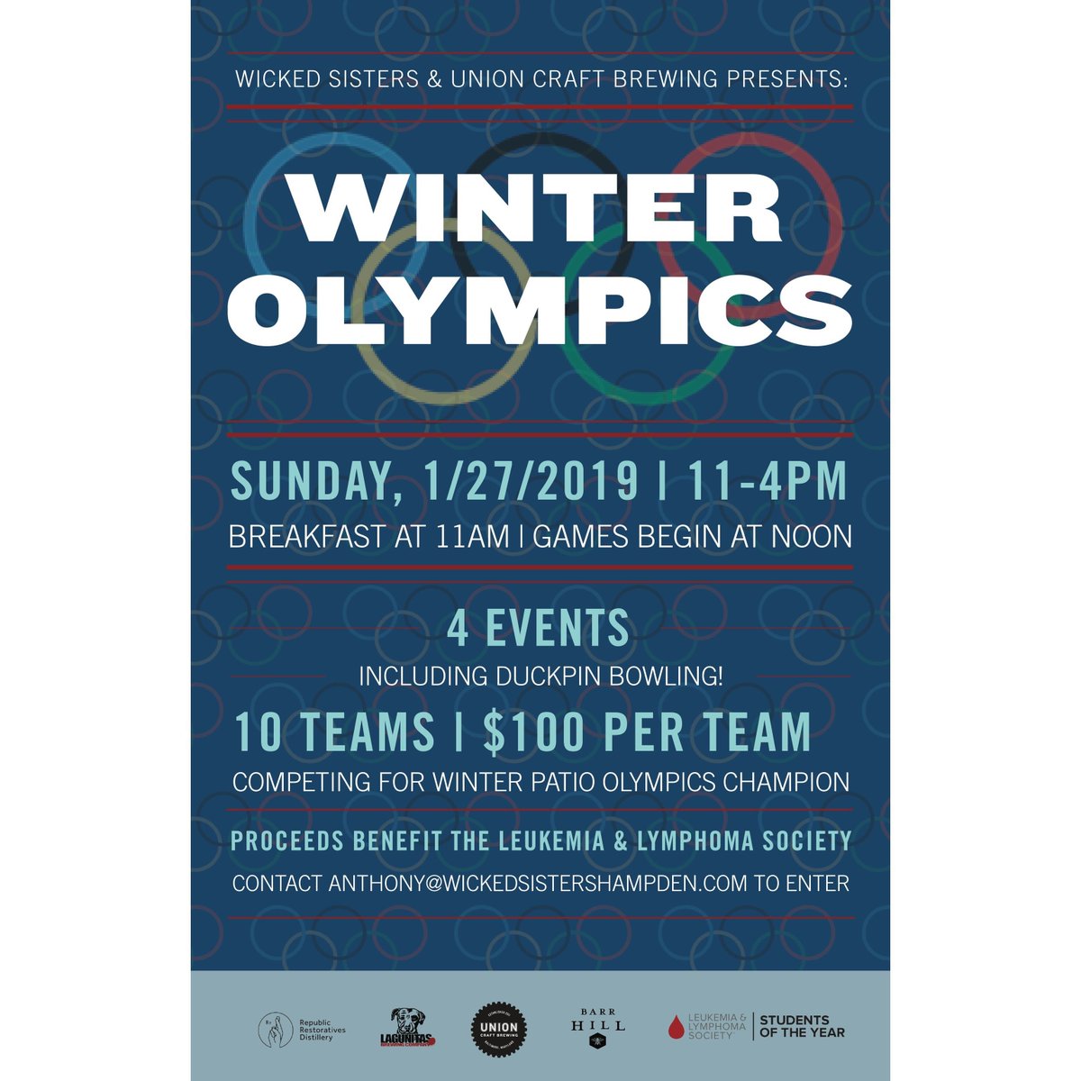 Wicked Sisters &amp; <a href="/UnionBrewing/">UNION Craft Brewing</a> present:
The First Annual Winter Patio Olympics January, 27th 2019 to raise money for The Leukemia and Lymphoma Society. 
Teams are limited to 10 teams of 4 people 
$100 per team
To participate email anthony@wickedsistershampden.com
#LLS