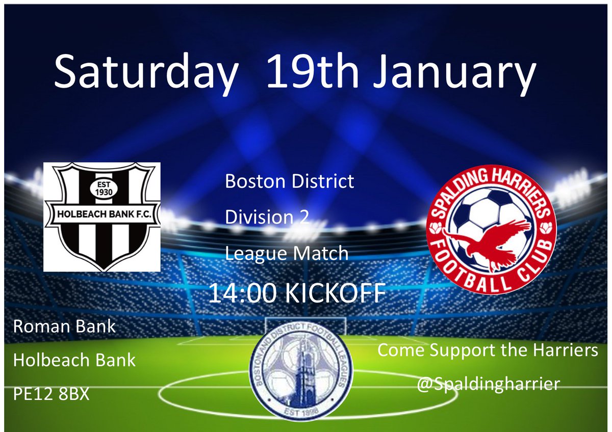 <a href="/SpaldingHarrier/">Spalding Harriers</a> return to league action this saturday making the short trip to play <a href="/BankHolbeach/">Holbeach bank Boston</a> . 
2pm Kickoff
Come and support the Harriers

<a href="/spaldingsport/">Spaldingsport</a> <a href="/Spalding2day/">SpaldingToday</a> <a href="/SpaldingVoice/">Spalding Voice</a>