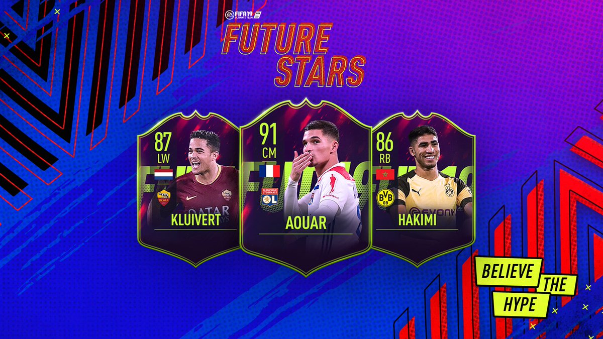 Three more FUT Future Stars revealed!
🇳🇱 Justin Kluivert (19) @ASRomaEN
🇫🇷 @HoussemAouar (20) @OL
🇲🇦 @AchrafHakimi (20) @BVB
Full squad and ratings tomorrow. #BelieveTheHype
