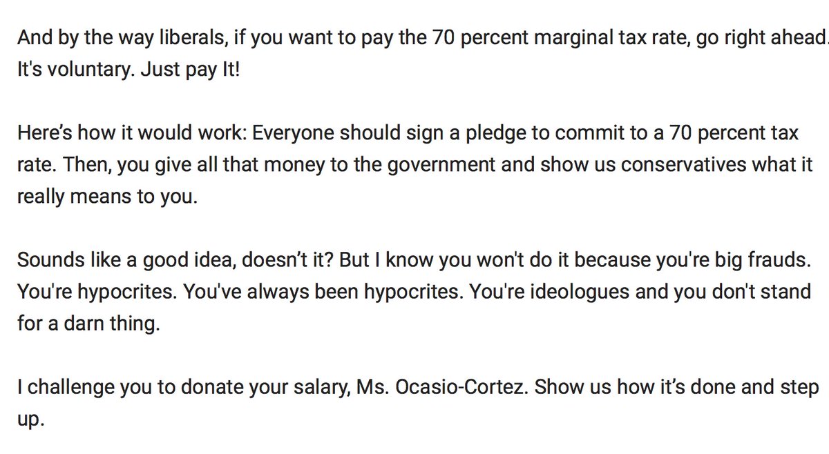 Of all America's dumb right-wing propaganda, this (here being utilized by @dbongino) is surely the dumbest. It's like demanding in 2002 that people who wanted a war with Iraq should each stage their own, individual invasion. https://www.foxnews.com/opinion/dan-bongino-hey-rep-ocasio-cortez-show-us-how-its-done-and-donate-70-percent-of-your-income-to-the-government …