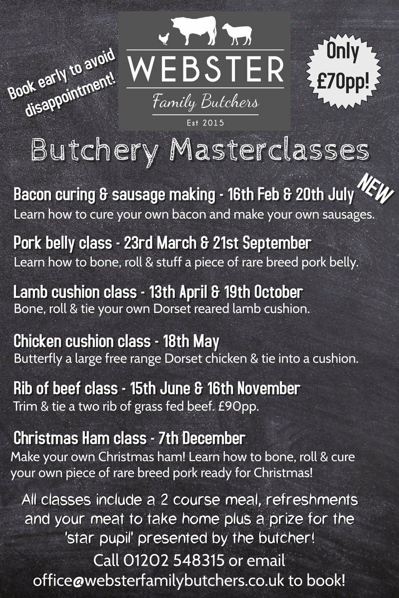 2 spaces have become available on our March Pork Belly class, they will go quickly so if you’re interested email us at office@websterfamilybutchers.co.uk