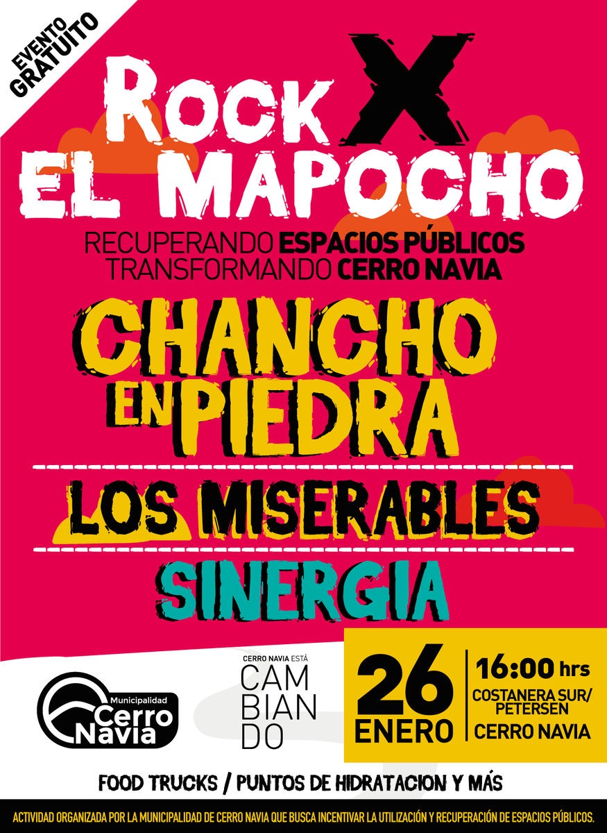 CerroNaviaCL's tweet photo. ¿Ya agendaste #RockPorElMapocho🎶? No te lo pierdas este 26 de enero junto a @chanchoenpiedra, @BandaSinergia y Los Miserables. 
¡Celebremos la recuperación de este espacio público! 👏🏽💪🏽 https://t.co/LOmMYvHy0F