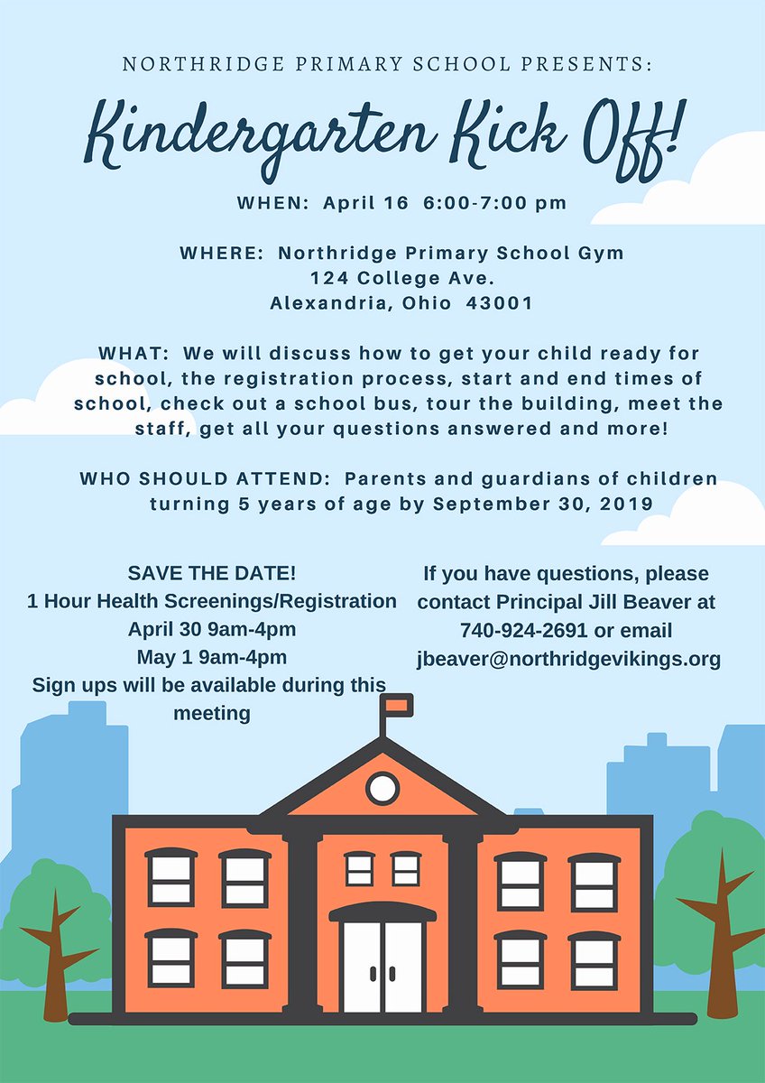 NRVikings's tweet image. Northridge Primary School will be hosting their Kindergarten Kick Off on Tuesday, April 16 from 6 - 7:00 p.m. If you have a child who will be five years old by September 30, 2019, then you don’t want to miss this! See below for even more details! #NRVikings