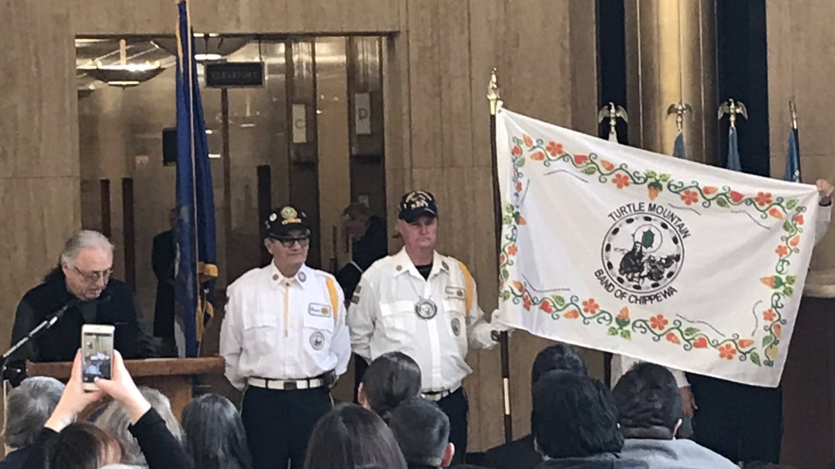 TQPurdon's tweet image. The #TMBCI Flag described in the Great Hall.  

Shout out to @ChairmanAzure who worked to see these Tribal Flags displayed at North Dakota Capitol.