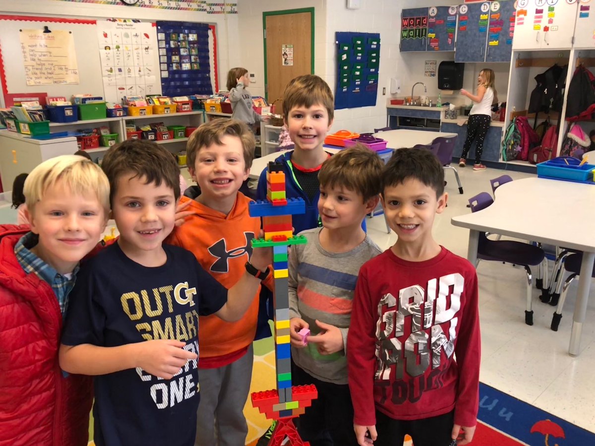 MrsLizWenzel's tweet photo. First graders proudly showing off their indoor recess masterpiece! #cooperation ⁦@StratfordLndgES⁩ https://t.co/EocZRQvpZw