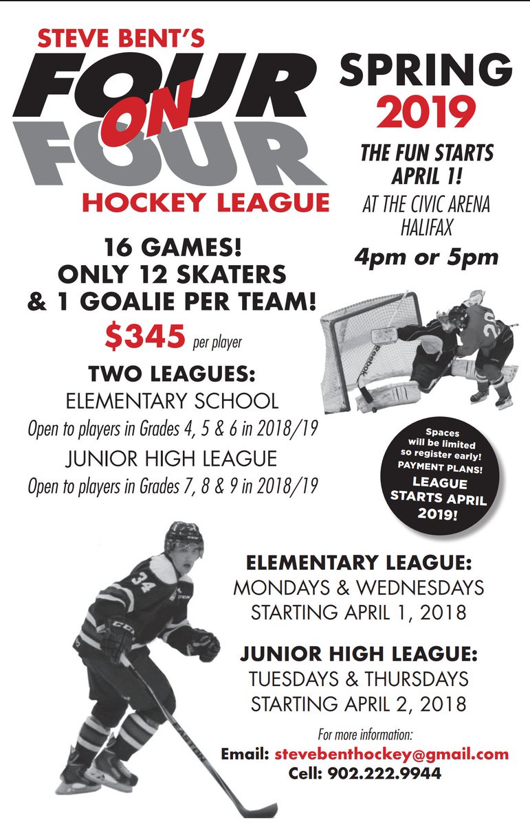 Help spread the word, looking for competitive players to play in the Spring 4 on 4 Hockey League. Loads of fun and no pressure!! Leagues are about 50 percent full as of now. 4 teams in each league. Players from all over HRM are welcome.