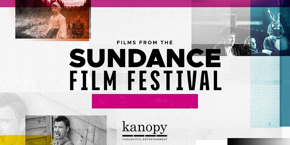 a colorful web banner with grey and white movie stills 