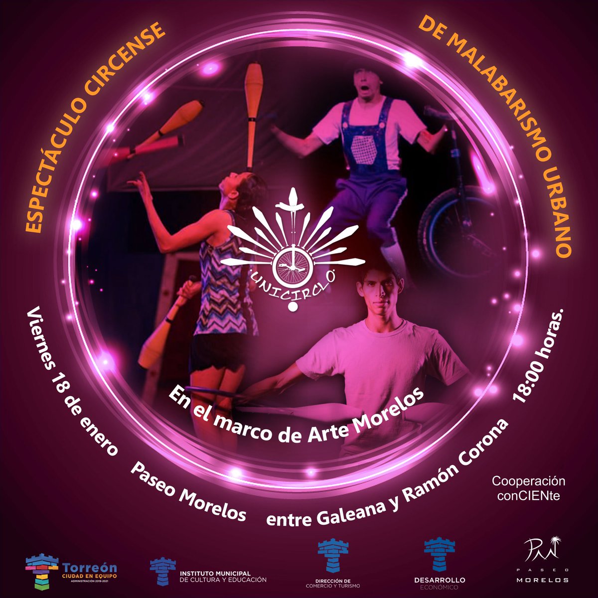 🤹‍♀️🤹‍♂️ #Entérate Este viernes la compañía Unicirclo tiene preparado un espectáculo especial que no te puedes perder, en el marco de las actividades de Arte Morelos en Paseo Morelos Torreón.

*** Cooperación conCIENte ***

#TorreónCiudadEnEquipo #EnEquipoLoHacemosMejor