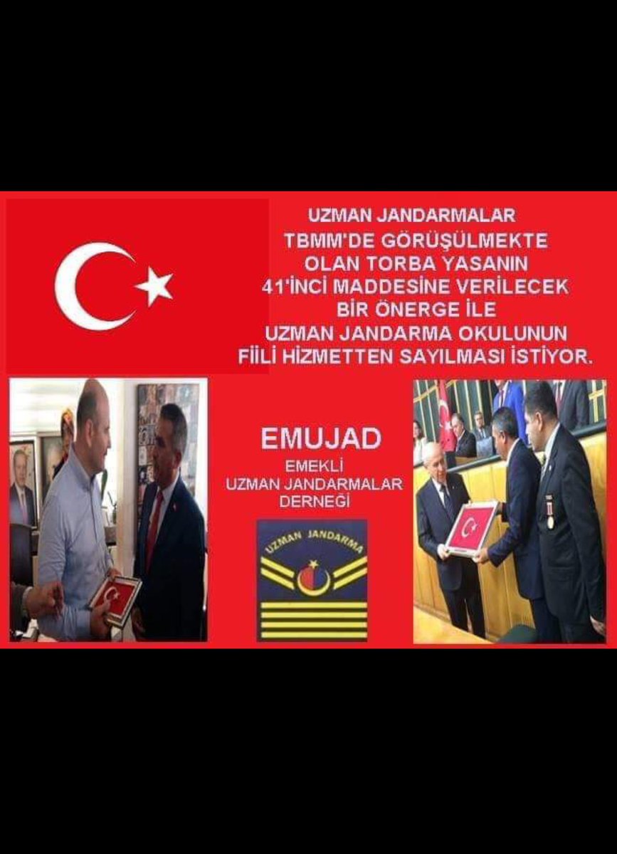 Sayın Vekilim Uzman Jandarma Okulunun hizmetten sayılması konusunda verdiğiniz emekler için sonsuz teşekkürler.<a href="/UlviYonter/">Dr.İzzet Ulvi YÖNTER</a> <a href="/dbdevletbahceli/">Devlet Bahçeli</a>