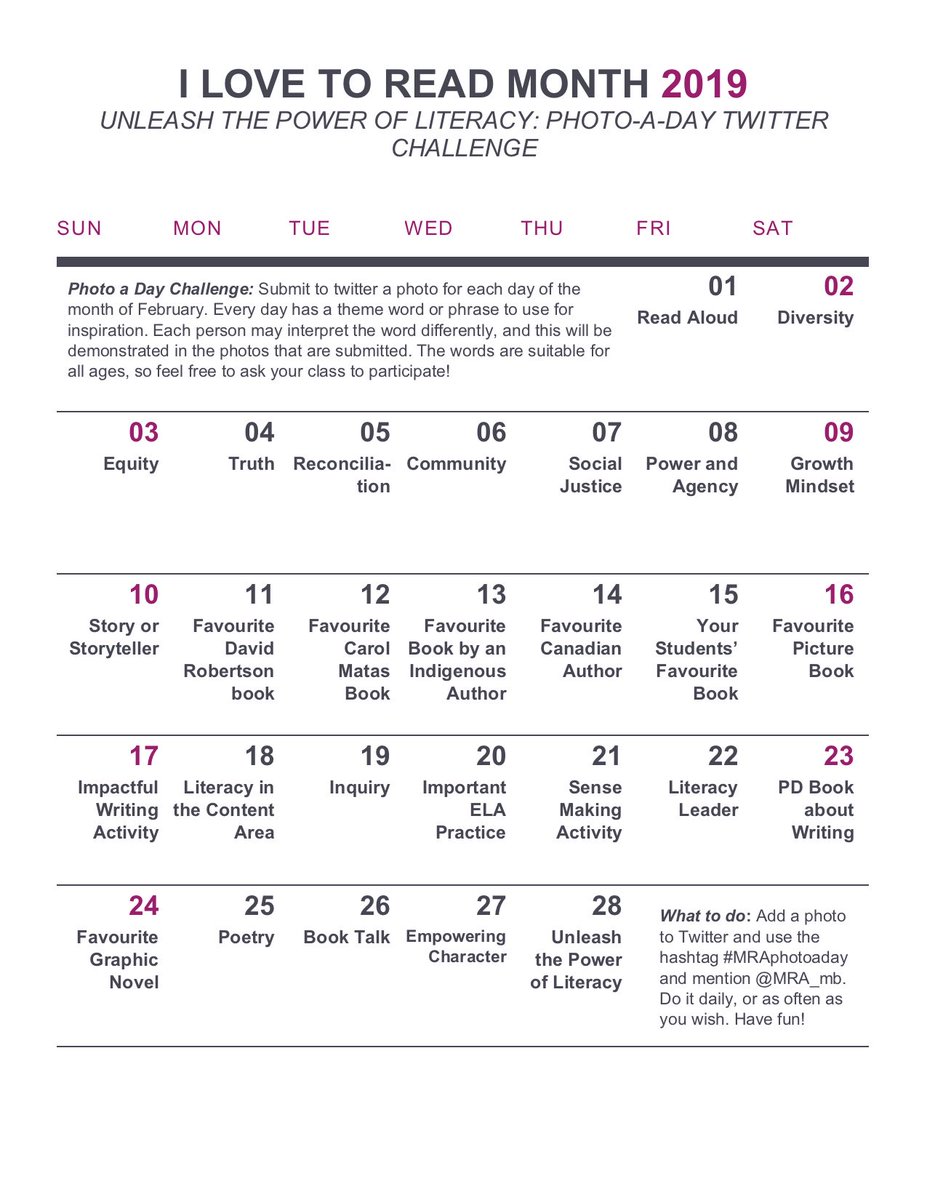 mra_mb's tweet photo. I Love to Read Month is two weeks away! To celebrate, please join us for the #MRAphotoaday challenge! 

Starting on Feb. 1, post a photo a day using the key words in the calendar below. Help us Unleash the Power of Literacy! https://t.co/q7WrRx4CEN