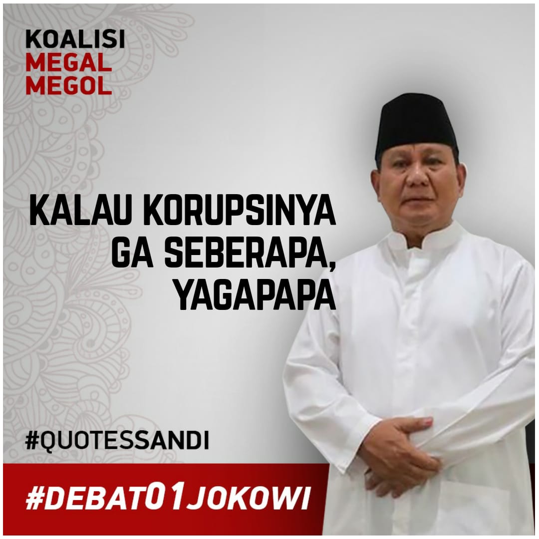 INI NAMANYA CAPRES SONTOLOYO,,,,,  KORUPSI KO" Dibeda bedakan...  Ini namanya MERUSAK MENTAL RAKYAT

#DebatPertamaPilpres2019 

<a href="/jokowi/">Joko Widodo</a> 
<a href="/aniesbaswedan/">Anies Rasyid Baswedan</a> 
<a href="/fadjroeL/">Dr. M. Fadjroel Rachman</a> 
<a href="/mohmahfudmd/">Mahfud MD</a> 
@aminr