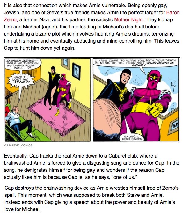  UPDATE: A heroic anon sent this to my Tumblr!The background of comic book character Arnie Roth was used for Bucky in the MCU. Arnie was Jewish & gay, had a boyfriend of 10 years, & was Cap's best friend in the 80s. https://uproxx.com/entertainment/captain-america-gay-best-friend-arnold-roth/3/Highlights: