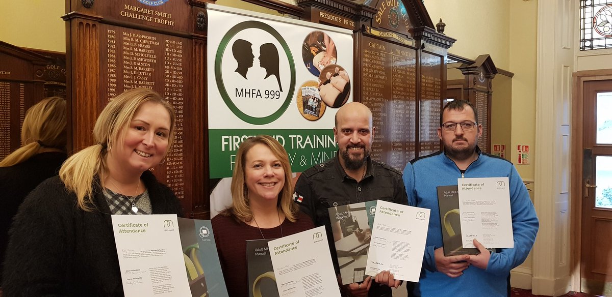 MHFA999's tweet photo. 4 amazing new #MentalHealthFirstAiders created today @salegolfclub. Thanks to @kelfio1980, Chris from @WIZALConsulting, Javed, and Caroline for taking part and putting the effort in. Welcome to the @MHFAEngland family of life savers &amp; stigma busters. ❤ https://t.co/B6g7soy4FQ