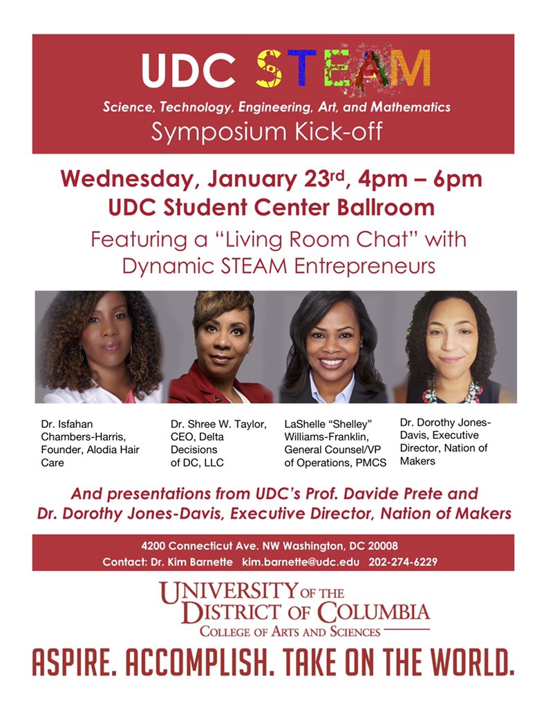 dmjonesdavis's tweet photo. So excited to join @Corrin31, Shree Whitaker Taylor, PhD Isfahan Chambers-Harris MPH, PhD, &amp; LaShelle ("Shelley") Williams-Franklin at UDC’s STEAM Symposium Kick-Off! This Year’s theme is “You Are Your Brand: Making your own space with STEAM” Jan 23rd 4-6p, at the Student Center. https://t.co/evhMYtUi8A