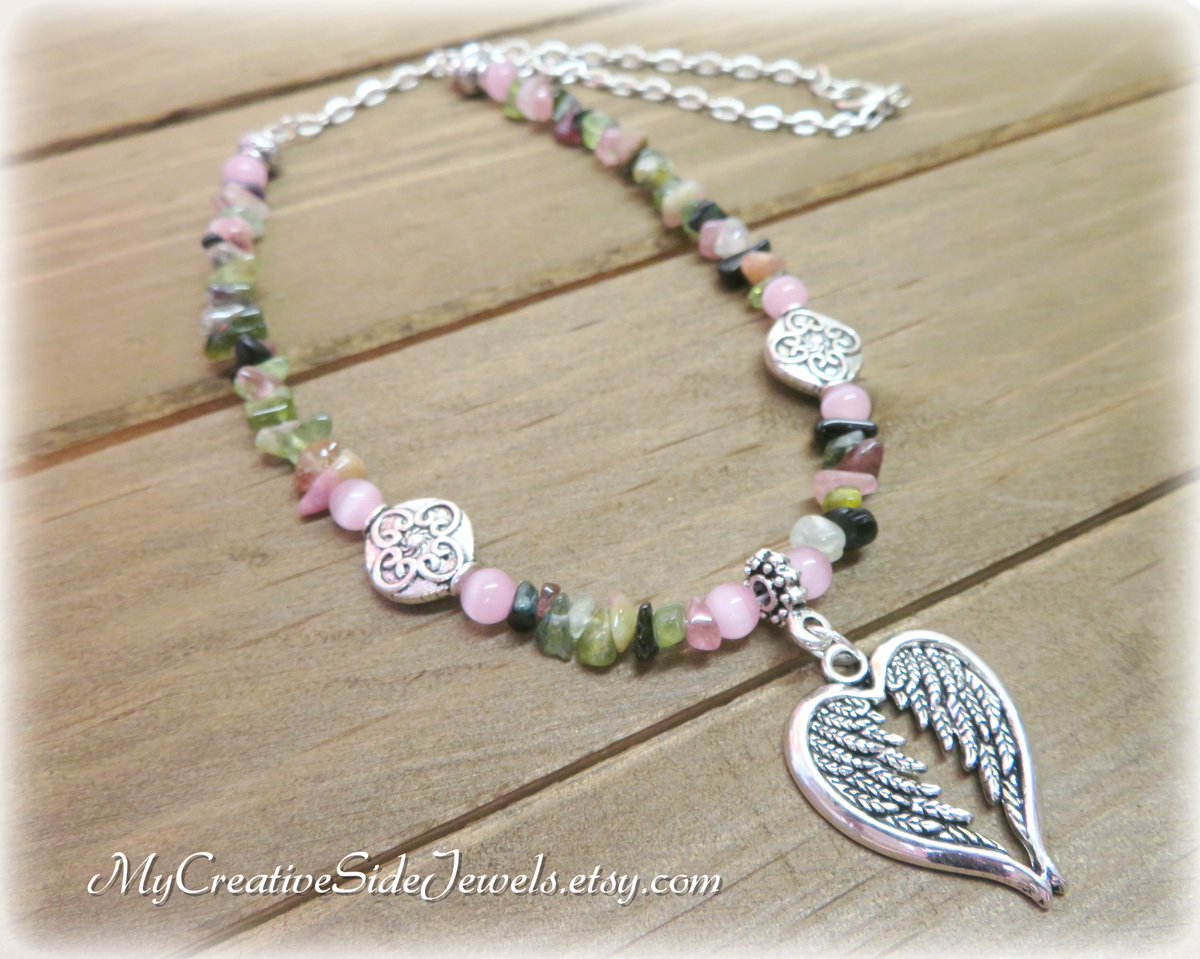 SHOP: etsy.com/listing/661956… #valentinesday #valentinesdaygift #heartnecklace #angelwings #gemstonenecklace #pinkandgreen #hearts #giftforher #lovejewelry #etsymntt #epiconetsy #craftychaching #specialt #integritytt #etsyfinds #bohofinds #valentinesdayfinds #romanticgifts