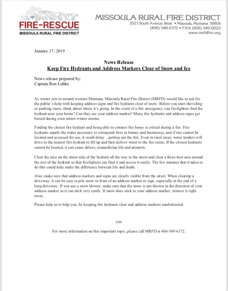 Please keep fire hydrants and address markers clear of snow and ice. Help us help you.