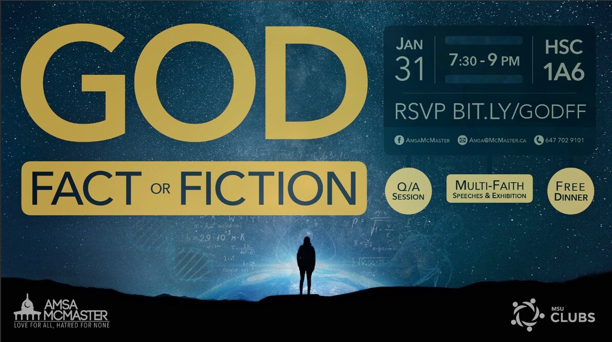 AMSAMcMaster's tweet image. Great discussions were held today at our MUSC table! We'll be back on Monday for more, so come on out.

In the meantime, register for GOD: Fact or Fiction happening on HSC 1A6 on Thursday January 31st at 7:00 #GODFF Bit.ly/godff
