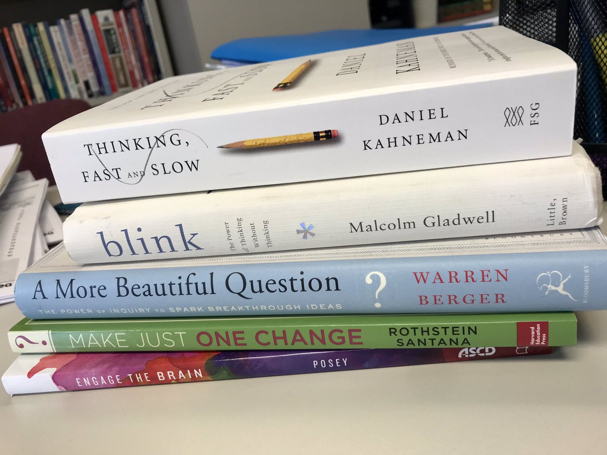sewilkie's tweet photo. You know you’re in a good place when these are the books stacked on the Superintendents table! #likeminds @BalancEdTech @RoyBPS #Q2Learn @RebeccaAJenkins @LakeForestSD67 #edchat #cpchat @Gladwell @GlimmerGuy @RothsteinDan #Kahneman https://t.co/18bqnZeRNZ