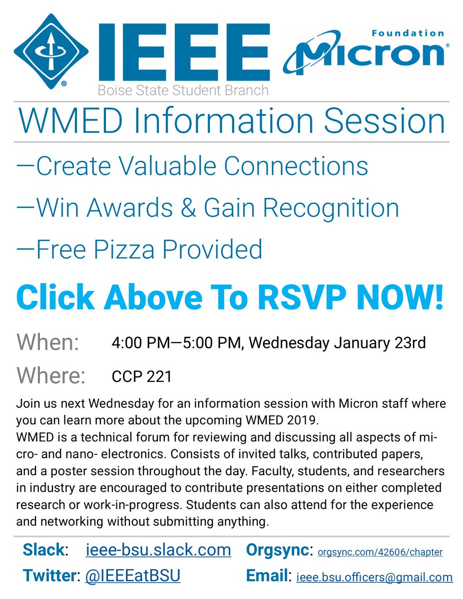 IEEE at BSU (@ieeeatbsu) on Twitter photo If you want to network, show off your #research & win awards, or learn about new #tech then be sure to RSVP for a #WMED information session with <a href="/MicronGives/">MicronGives</a> next Wed., including free pizza! @ECE_BoiseState <a href="/boisestatecs/">Boise State CS</a> RSVP NOW! : goo.gl/forms/y8GqJjhR… If you want to network, show off your #research & win awards, or learn about new #tech then be sure to RSVP for a #WMED information session with <a href="/MicronGives/">MicronGives</a> next Wed., including free pizza! @ECE_BoiseState <a href="/boisestatecs/">Boise State CS</a> RSVP NOW! : goo.gl/forms/y8GqJjhR…