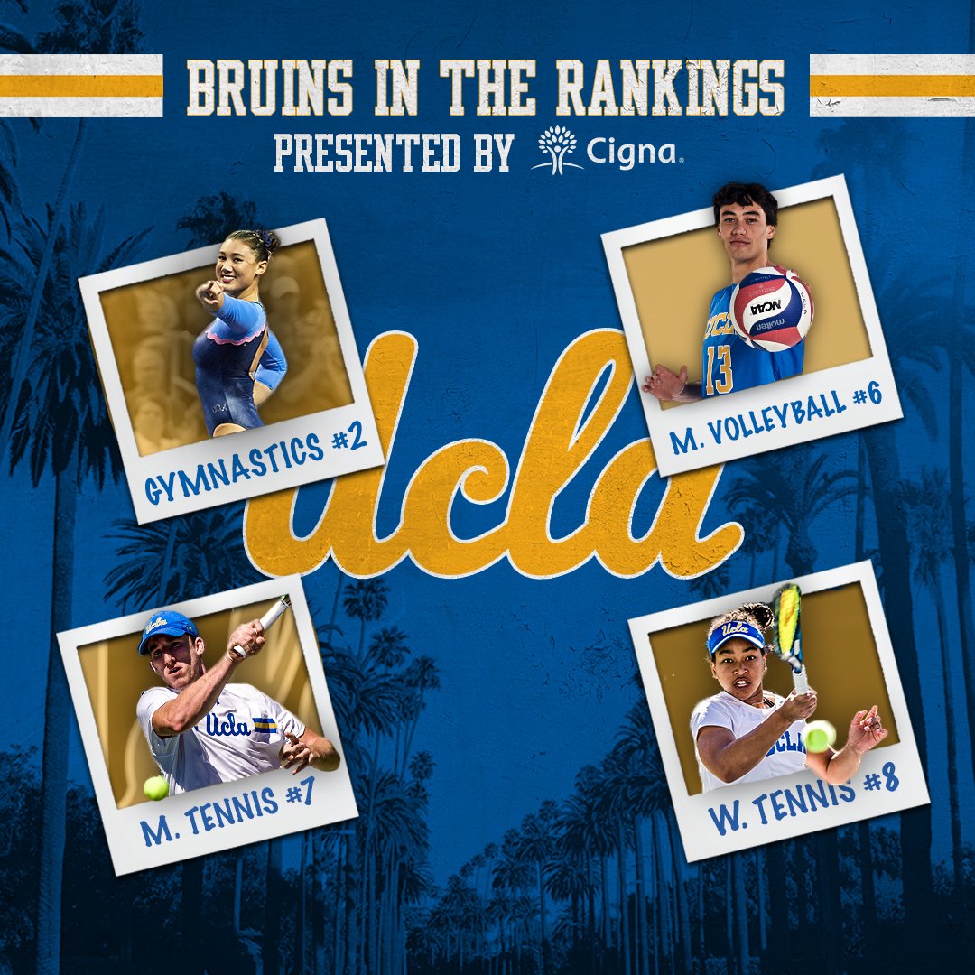 UCLA Athletics (@UCLAAthletics) on Twitter photo 17/01/2019 21:06:15 Four teams in the Top 10 in this week's Bruins in the Rankings, presented by Cigna. #GoBruins Four teams in the Top 10 in this week's Bruins in the Rankings, presented by Cigna. #GoBruins