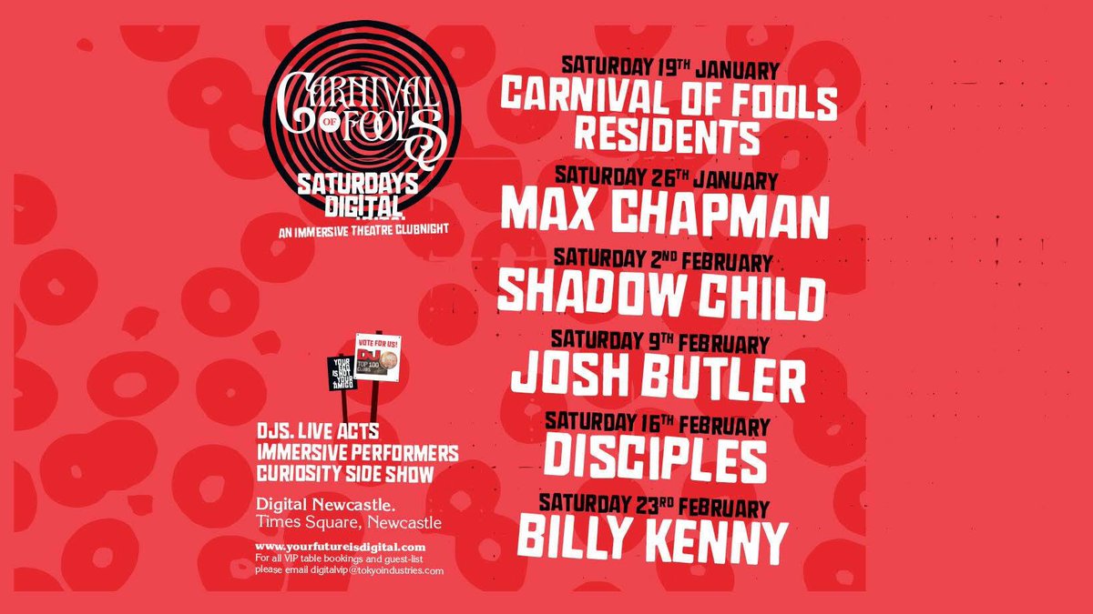 DigitalNCL's tweet photo. Coming up at @CarnivalFools...

26th Jan - @DJMaxChapman 
2nd Feb - @Shadow_Child 
9th Feb - @joshbutlermusic 

#VoteTequila #ThereIsNoPlanB https://t.co/OWPWH1ONEj