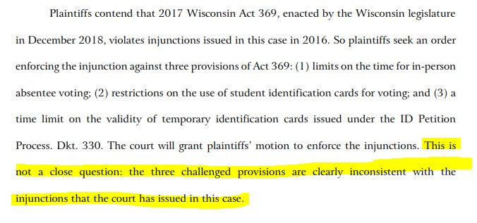 BREAKING: Wisconsin federal court stops GOP effort to restrict voting rights. Big win for the @PerkinsCoieLLP political law team on behalf of @onewisconsinnow and @RedistrictFdn.