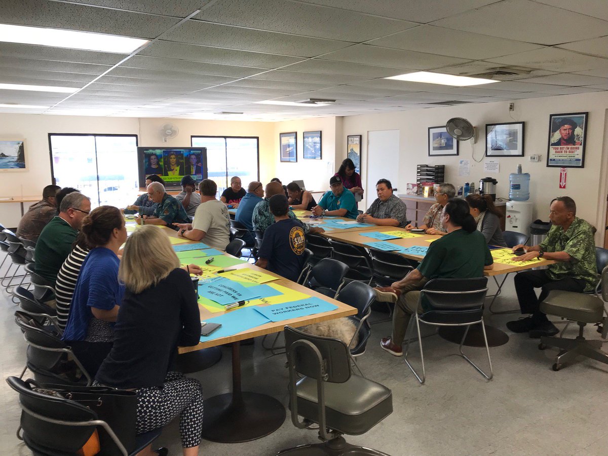 .<a href="/AFGENational/">AFGE</a> and other <a href="/AFLCIO/">AFL-CIO ✊</a> union members in Hawaii gather at the local <a href="/SeafarersUnion/">Seafarers Union</a> Hall to make signs for today's silent march to #StopTheShutdown. #1u