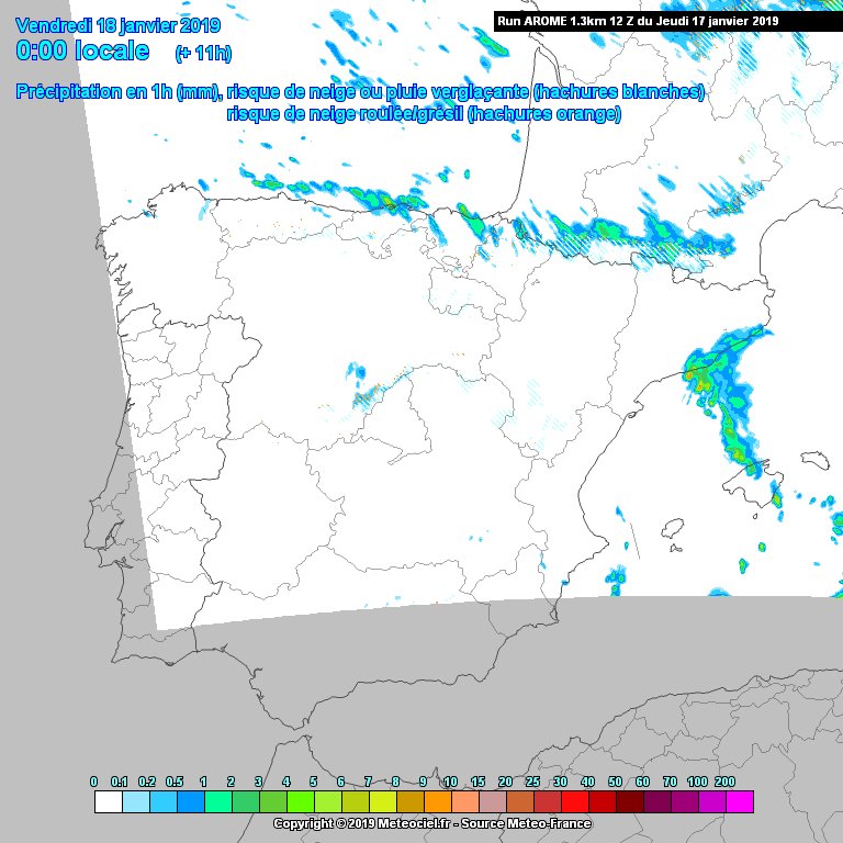 La repartició més o menys dels ☔ d'aquesta #matinada segons #AROME i #WRF Veurem! #Batec
