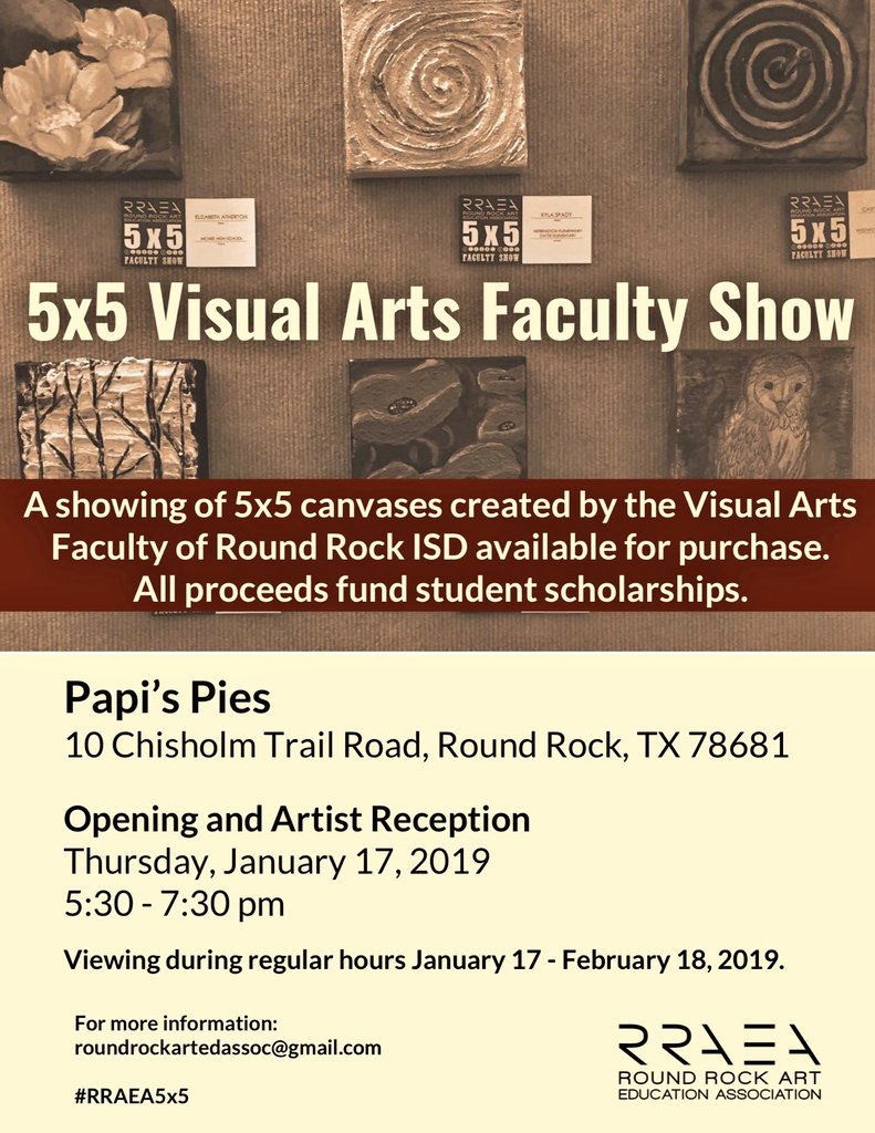 RRAEA (@_rraea) on Twitter photo Don't forget to join us this evening for our opening reception. <a href="/rrisdart/">Round Rock ISD Art</a> <a href="/rrisdfinearts/">Round Rock ISD Fine Arts</a> #rraea5x5 #rraea #5x5sale #supportthearts #rrisdcreates Don't forget to join us this evening for our opening reception. <a href="/rrisdart/">Round Rock ISD Art</a> <a href="/rrisdfinearts/">Round Rock ISD Fine Arts</a> #rraea5x5 #rraea #5x5sale #supportthearts #rrisdcreates