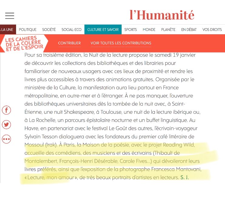 Sylvia_Minne's tweet photo. Joie : @ReadingWild à l’honneur dans @humanite_fr : où l’on parle de notre #NuitDeLaLecture et de notre exposition avec les photographies de Francesca Mantovani @mantovani_fra @maisonpoesie1 ! 🙏🏻📚✨✨✨ #booklove #bookteam cc @anneetarnaud https://t.co/XxcPihhFbl