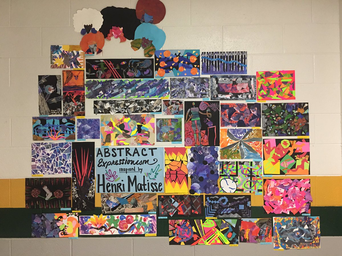 mschnetzer_GHS's tweet photo. @GreenWavePride Second semester abstract Expressionism (inspired by Matisse’s cut outs) is up in the Freshman hallway! #artclass #ghsvisualarts https://t.co/QAfh7Hs6GS