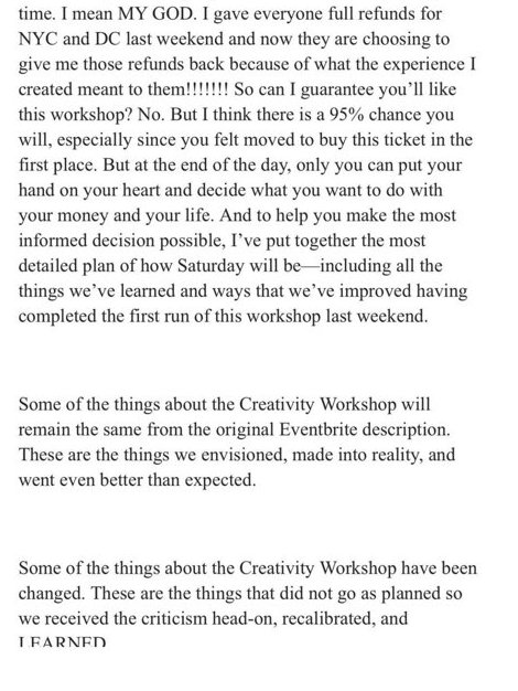 Thank you to the anonymous former fan (one of many who got in touch) who forwarded me the email Calloway sent out regarding the new workshop, taking place this Saturday (this isn't all of it.)